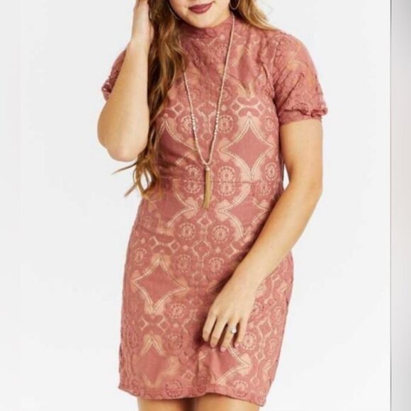 Altar’d State- NWT Allegra Rosewood Mock Neck Lace Dress Back Zipper- Size Small - Picture 1 of 10